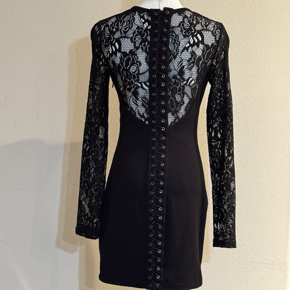 Guess Black Lace Corset Bodycon Mini Dress Goth Lace Up Back Long Sleeve S
